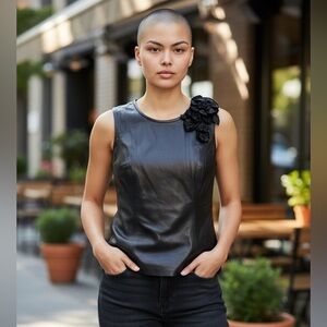 Lamarque Black Leather Sleeveless Blouse with Floral Accent